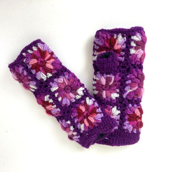 Woolkan Hand Knitted Open Finger Gloves Size S-M Purple Soft Lining - Picture 2 of 4